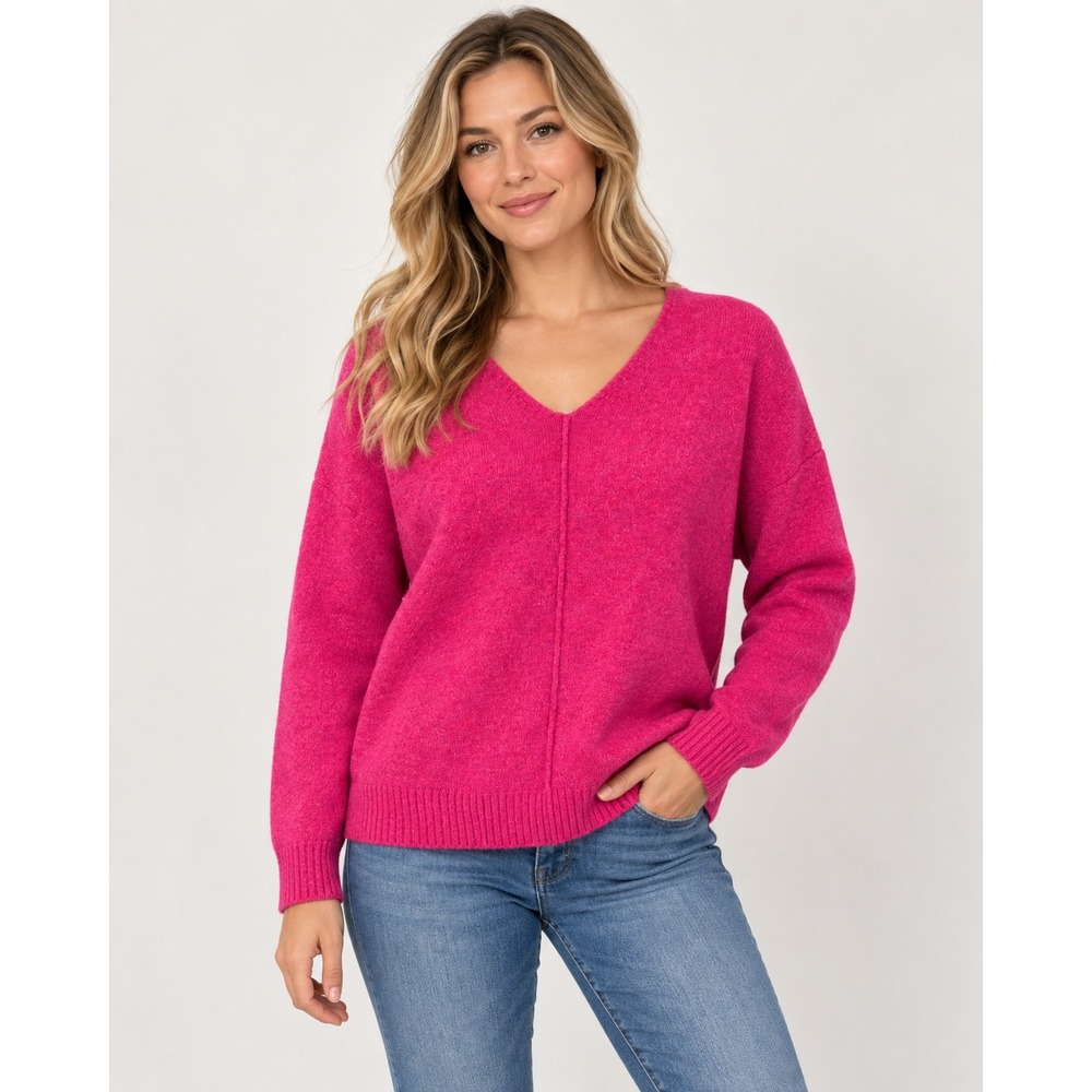 Vince Camuto Sweater Women S Barbiecore Fuchsia V-Neck Exposed Seam Pink Knit